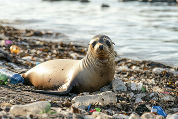 Fototapeta premium A sea lion resting on a polluted shore, surrounded by plastic bottles and trash