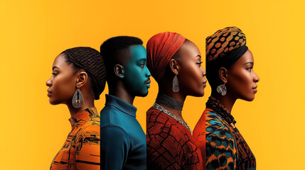 Four stylized profiles of individuals in colorful attire against a bright yellow background, showcasing diversity and cultural fashion elements.