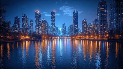 Naklejka premium Night Cityscape Skyscrapers Reflected in Calm Water