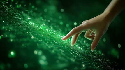 Woman's fingertip gently touches a glowing green digital interface, evoking futuristic technology and innovation.