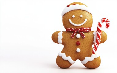 3D Christmas gingerbread man character with icing decorations, smiling warmly and holding a small candy cane, vibrant colors on a white background 