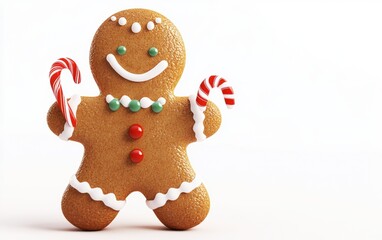 3D Christmas gingerbread man character with icing decorations, smiling warmly and holding a small candy cane, vibrant colors on a white background