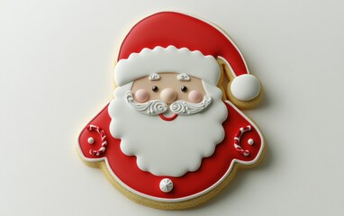 3D santa cookie character with red and white icing, decorated with candy buttons, smiling face, classic and festive on a white background 