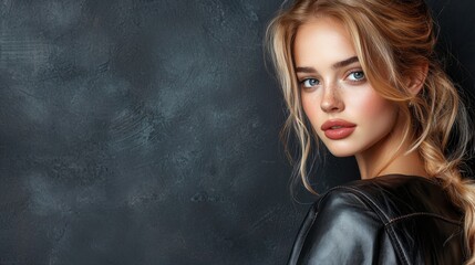 Fototapeta premium Upcycled eco-friendly fashion trend concept. A stunning portrait of a young woman with a natural look, softly lit against a textured dark background