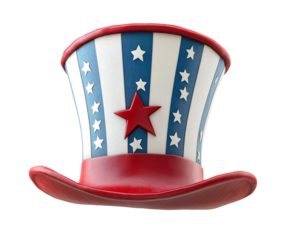 patriotic uncle sam top hat with red white and blue design featuring stars and a bold red star centerpiece isolated background
