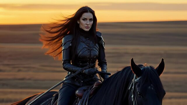 Warrior Woman Riding Horse at Sunset