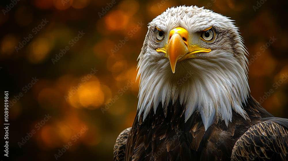 Poster a bald eagle is staring at the camera with its beak open. the image has a bold and powerful feel to 