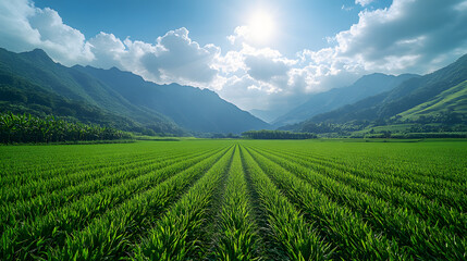 Photography of a perfectly maintained, vibrant green farmland, showcasing the intricate patterns of crop rows with a backdrop of mountains under a bright summer sky.