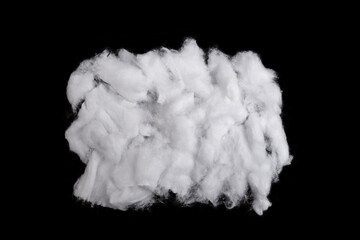 Fluffy medical cotton podium isolated on black background, flat lay close up