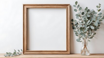 Blank square frame mockup for artwork or print on white wall with eucalyptus plant in vase, frame with copy space