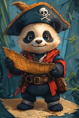 A chubby panda wearing a pirate hat, holding a treasure map and looking for bamboo treasure