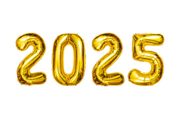 New Year 2025 celebration. Golden tin foil  balloons, 2025 numbers Isolated white background. New years eve Party, greeting card