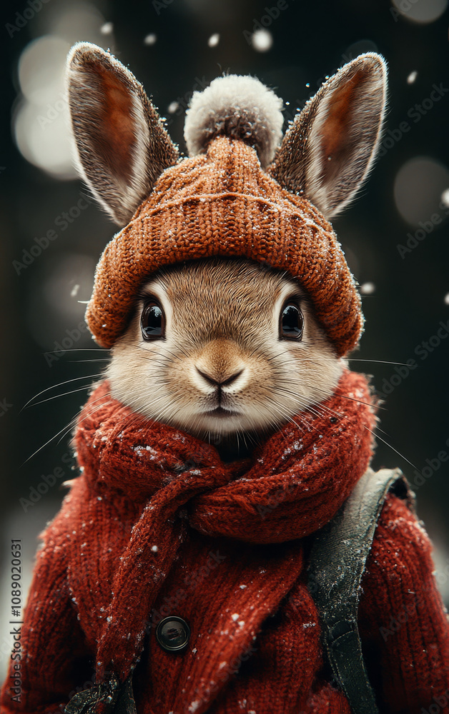Poster a rabbit wearing a red hat and scarf is the main subject of the image. the rabbit is looking directl