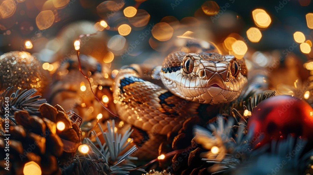 Poster a snake with a curious expression looks directly at the viewer from a christmas decoration with pine