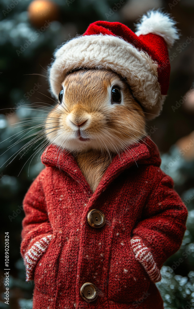 Poster a small rabbit wearing a red coat and a red hat. the rabbit is standing in front of a christmas tree
