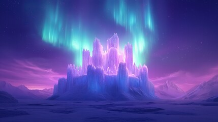 illustration lullaby theme, A magical ice castle surrounded by vibrant auroras in a mystical landscape, illuminated by shades of purple and blue, set in a serene arctic environment.