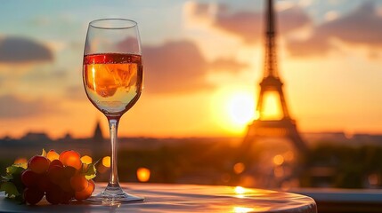 Romantic Sunset in Paris with a Glass of Wine