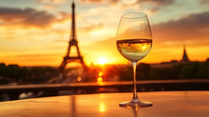 Romantic Sunset in Paris with a Glass of Wine