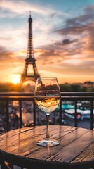 Romantic Sunset with Wine Glass in Paris
