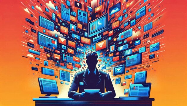 Vector illustration of information overload with a person overwhelmed by digital data and online notifications