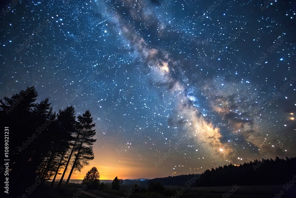 Wall mural an ethereal night sky with stars twinkling in shades of gold and blue against a deep indigo backgrou