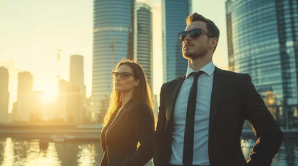 Business Team Against Metropolis Skyline with River Reflection