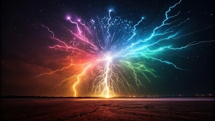 An energetic and dynamic scene featuring a burst of colours and lights radiating from a central point, celestial, galaxies, dark, background, vibrant