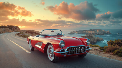Classic Red Convertible Coastal Road Trip Sunset Ocean View