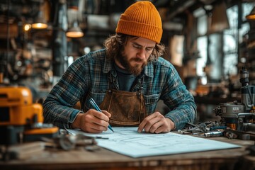 A constructor sketching on paper with tools and equipment scattered on a messy desk 