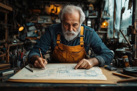 A constructor sketching on paper with tools and equipment scattered on a messy desk 