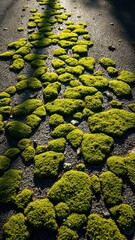 Sunlight illuminates vibrant moss patches growing in a crack in an asphalt road