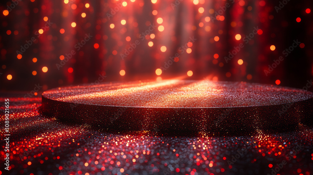Poster a stage with a red backdrop and red lights shining on it. the stage is empty and the lights are on, 