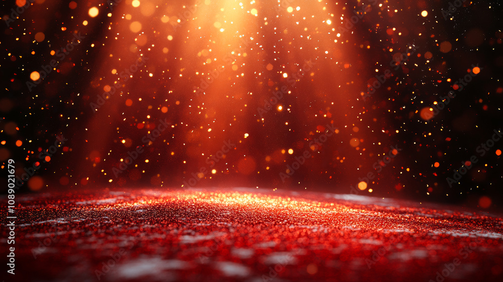 Poster a red background with a lot of sparkles. the background is red and the sparkles are scattered all ov