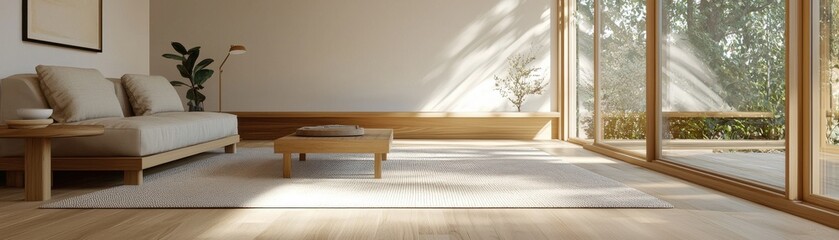A minimalistic interior featuring a cozy sofa, wooden furniture, and large windows that invite natural light and a view of greenery.