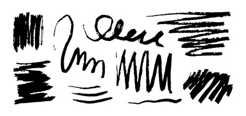 Black grunge charcoal strokes, lines, squiggle, swirls and shapes set. Hand drawn vector abstract shapes and lines drawn with pencil or charcoal. Circles, scribbles and smears.