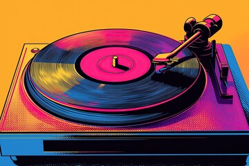 Vibrant pop art illustration of a record player with a vinyl record spinning.  Perfect for music, retro, and 80s themed projects.