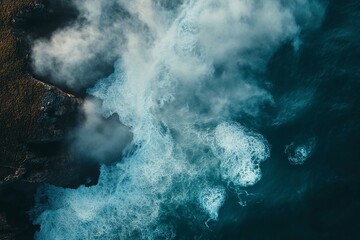 A vertical overhead shot of the Cornish coastline, cliffs and waves, shot through clouds, sea serene and flooded with waves, ruby blue sea, azure sky, ,generative ai