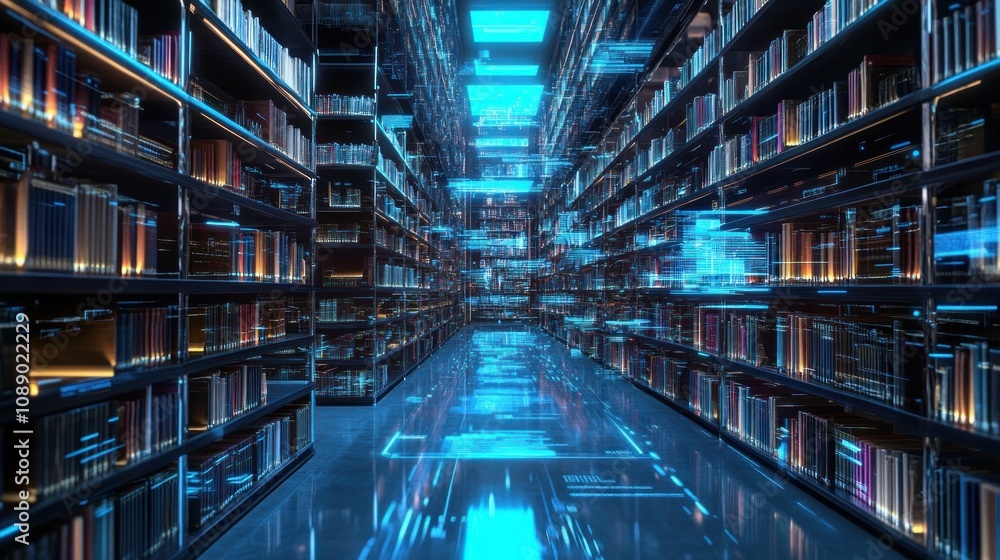 Poster a blue and white computer generated image of a library. the shelves are full of books and the floor 