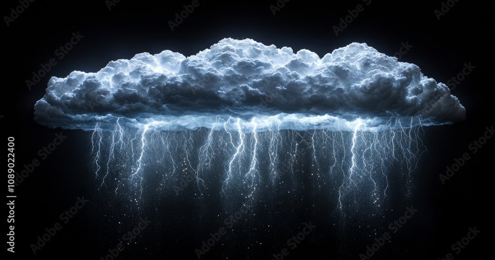 Poster a storm cloud with lightning bolts falling from it. scene is ominous and foreboding