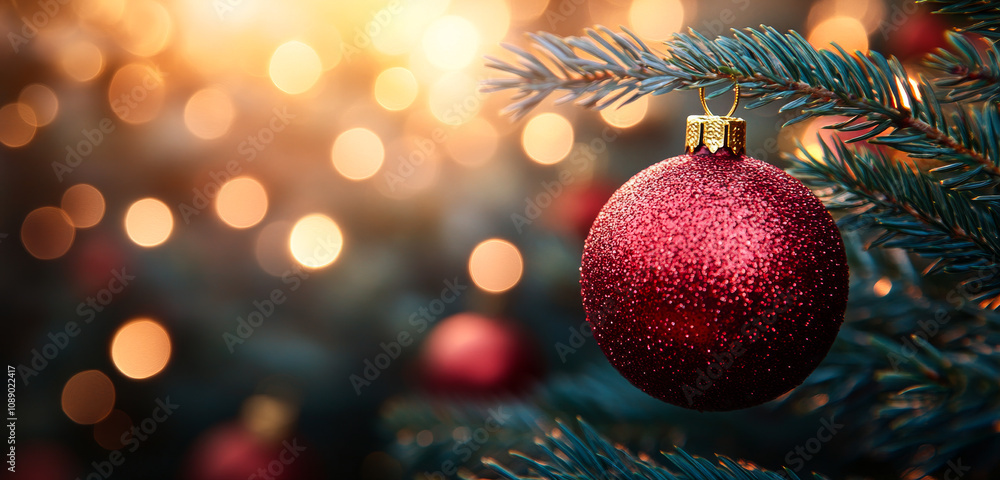 Poster a red christmas ornament hangs on a tree branch. the tree is lit up with lights, creating a warm and