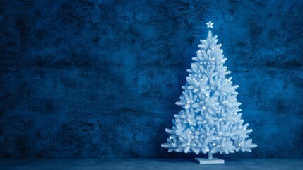 A snowy white Christmas tree against a blue wall.