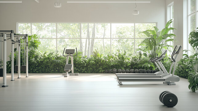 Modern Gym Setting with Workout Equipment and Green Plants