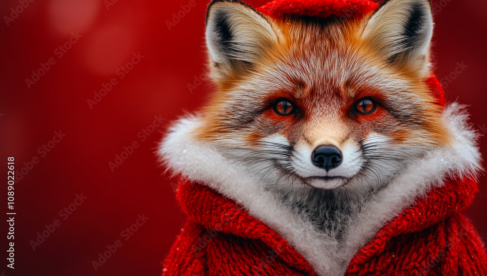 Poster A fox is wearing a red coat and standing in front of a red background. The fox has a red nose and is looking at the camera
