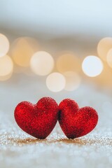Fototapeta premium Two red hearts on a glittering background with bokeh lights, a romantic Valentine's Day background, a love concept. 