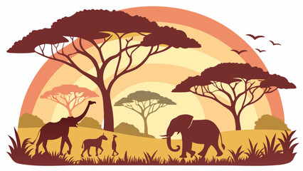 Africa paper cut landscape with animals and savannah trees at sunset vector.