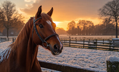 Obraz premium A horse is standing in a snow-covered field with a fence in the background. The horse is wearing a bridle and he is looking at the camera. The scene has a peaceful and serene mood