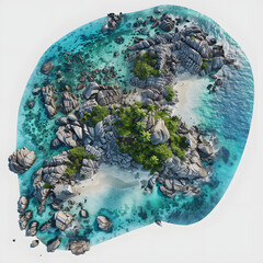 bird s eye drone view of a tropical island shoreline with clear blue waters and rocky beach with a white accent, png