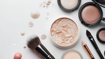 Woman, makeup brush and blush in studio, beauty and grooming products on white background. Female person, cosmetics tools and foundation or highlighter powder, skincare and facial treatment for glow