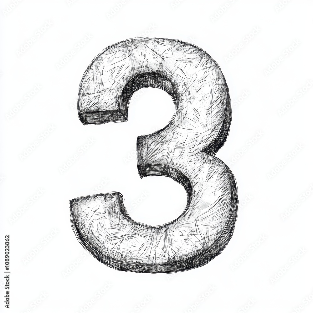 Aufkleber a sketchy illustration of the number three, emphasizing its shape and texture.