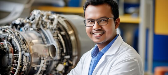 Portrait Of An Aviation Engineer Working on an Aircraft Engine In a Manufacturing Facility